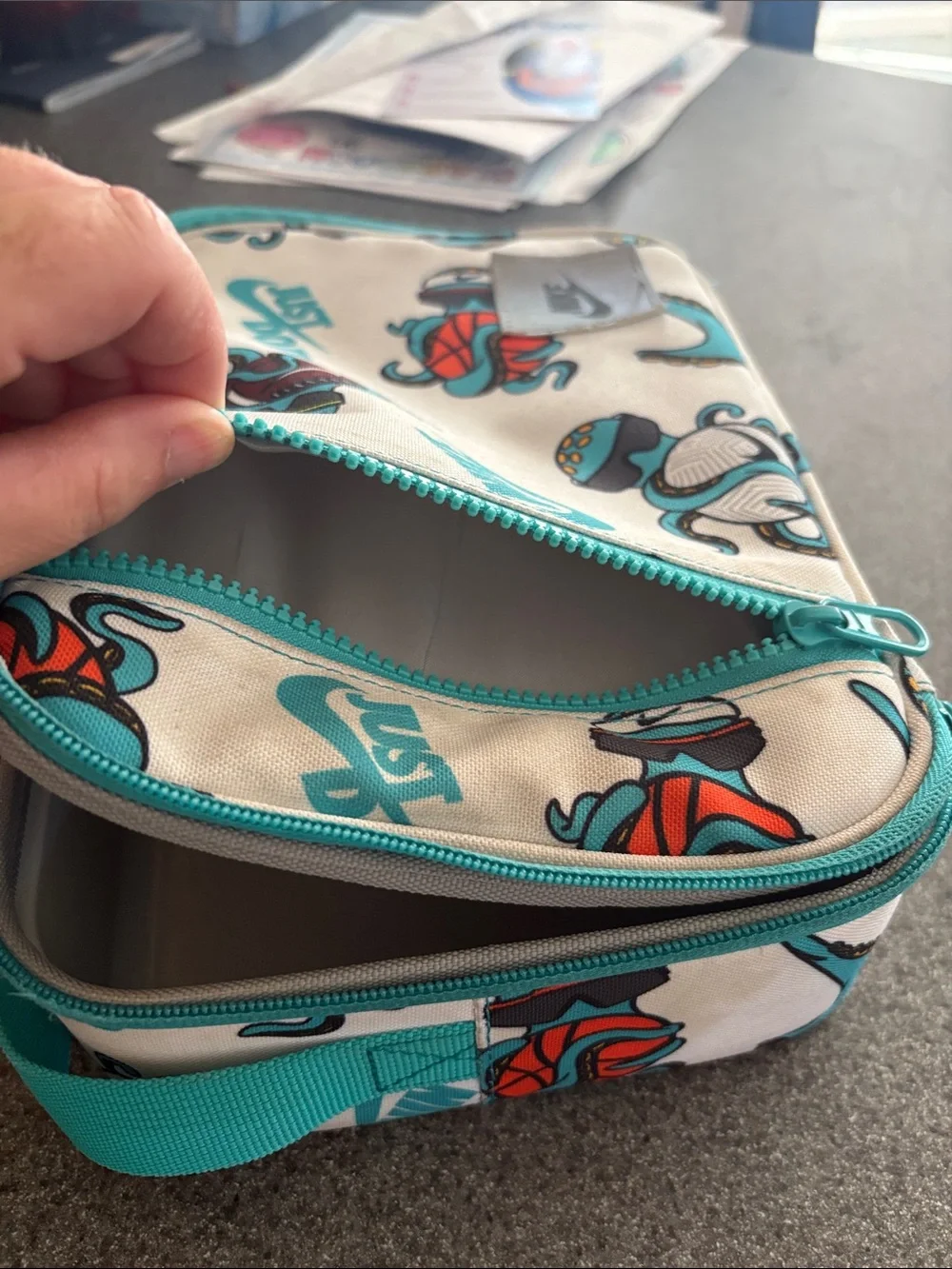 Nike Kids Teal and Beige Graphic Lunch Tote - Just Do It Print